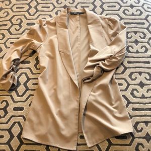 Tan blazer with ruched sleeves